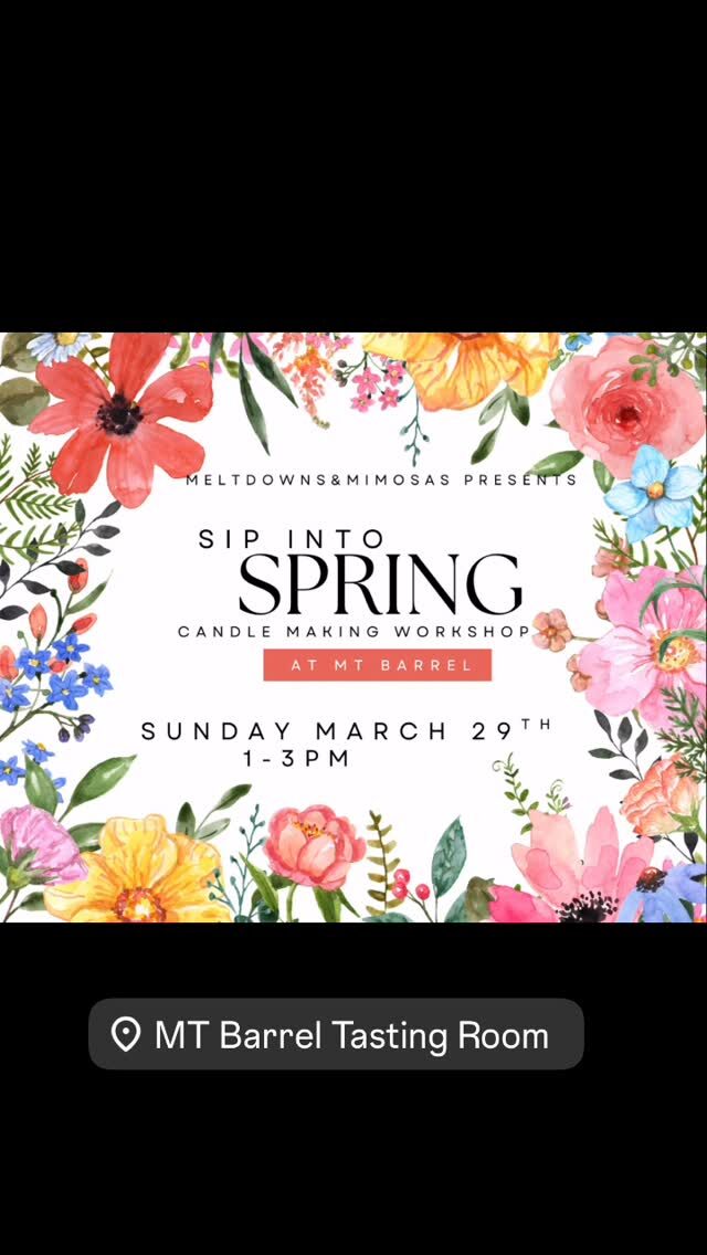 🚨 TOMORROW ONLY 🚨

Candle Making at MT Barrel 🕯️🍷

Pour your own candle… sip your wine… set your vibe.

This is your chance to create something beautiful while enjoying the full MTB experience. 
#diy #winebar #peoriaaz #wine #girlsweekend 

https://www.eventbrite.com/e/candle-making-workshop-with-meltdowns-and-mimosas-at-mt-barrel-wine-bar-tickets-1984485792426?